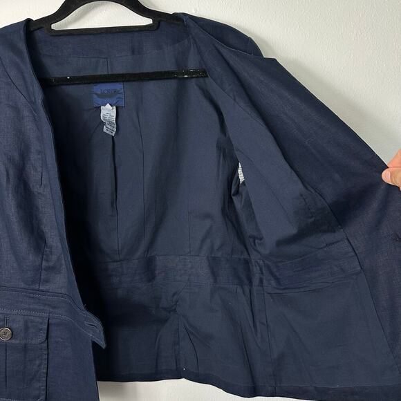 J.Crew Linen Blazer One Button Crop 3/4 Sleeves Collarless Coastal Navy Blue 6 - Picture 8 of 9